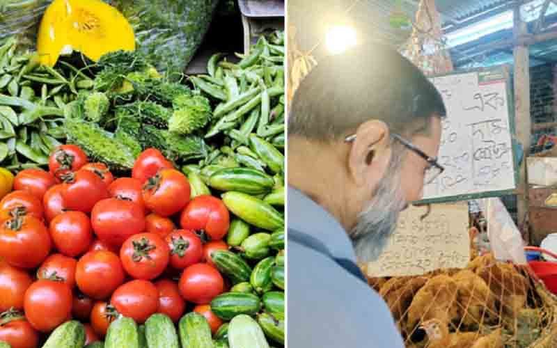 সবজির দামে ঊর্ধ্বগতি, অস্থির মুরগির বাজার প্রতিবেদনের সাথে প্রাসঙ্গিক সবজি ও মুরগির ছবি।
