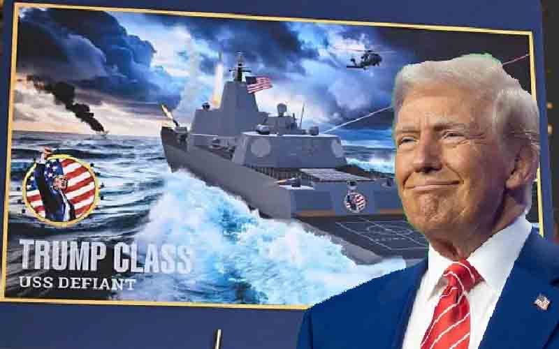 সামরিক খাতে ১.৫ ট্রিলিয়ন ডলার চান ট্রাম্প, সামাজিক খাতে কাঁটছাট ট্রাম্প ক্লাস যুদ্ধজাহাজ ও মার্কিন রাষ্ট্রপতি ডোনাল্ড ট্রাম্পের একটি কোলাজ ছবি।